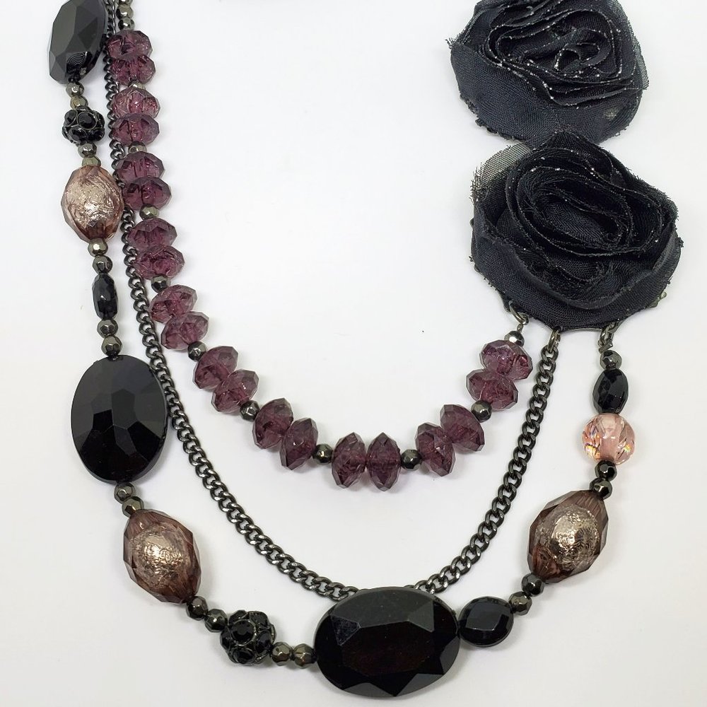 Black Organza Flower Purple Beaded Statement Triple Strand Statement Necklace